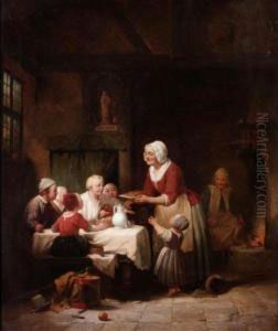 An Interior With An Elderly Lady Cooking For Some Children
