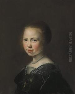 Portrait Of A Young Girl, Bust-length, In A Black Dress And Pearlnecklace by Jan De Bray