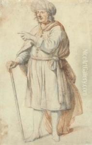 Un Personnage En Costume Oriental, Pointant Vers La Gauche Etportant Une Canne Un Personnage En Costume Oriental, Pointant Vers La Gauche Etportant Une Canne