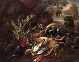 A Hunting Still Life With A Hare, A Mallard And Songbirds In Alandscape by Bernaert De Bridt