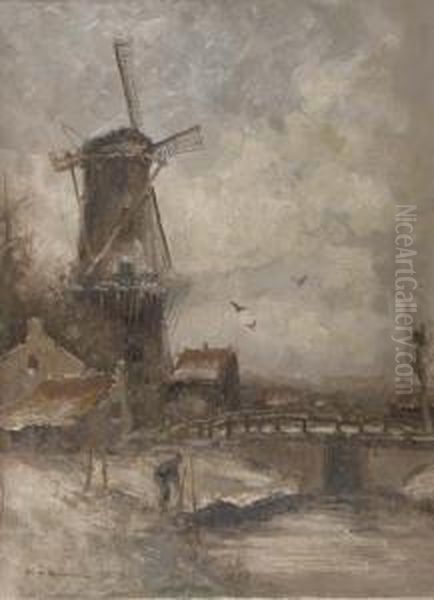 A Windmill By A River In Winter - view 1