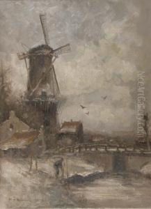 A Windmill By A River In Winter by Cornelis De Bruin