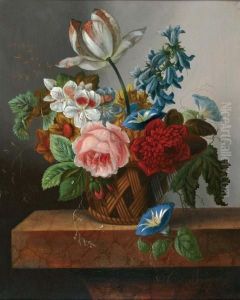 Stilleven Met Bloemen In Mand by Cornelis Johannes De Bruyn
