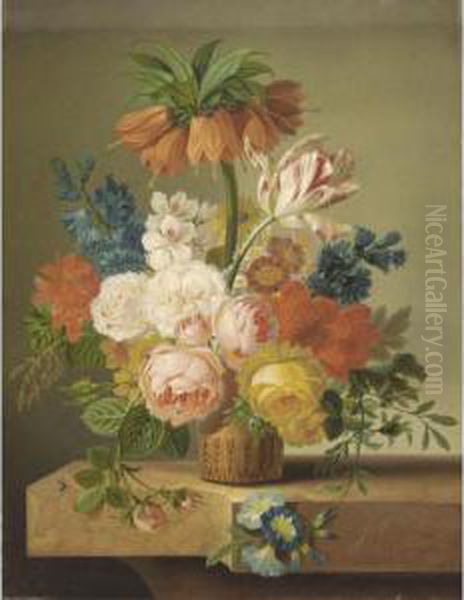A Still Life With Roses, Tulips,
Morning Glory And Various Other Flowers In A Vase On A Ledge - view 1