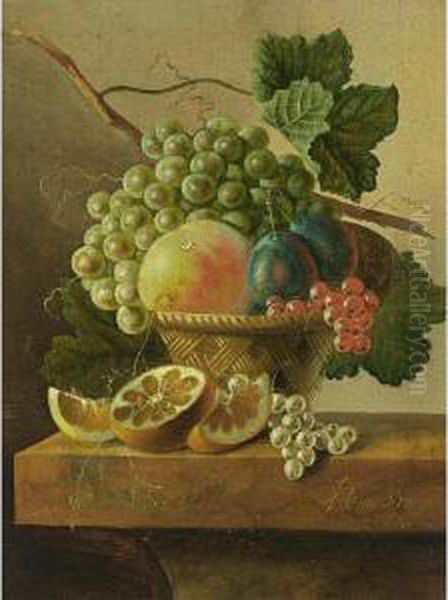 A Still Life Of Grapes, A Peach,
Prunes And Red Currants In A Basket, Together With An Orange And White
Currants On A Marble Ledge - view 1