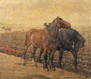 Two Farm Horses At The Field by Constant De Busschere