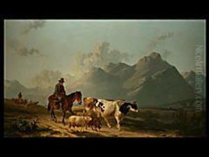 Bauer Mit Huhnerkorb Zu Pferd Mit Vieh Auf Dem Heimweg