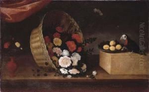 Bodegon Con Jarron, Un Cesto De Flores, Un Plato Con Fruta Y Un Loro by Pedro de Camprobin