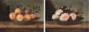 Peaches, Cherries And Plums In A
Glass Platter On A Wooden Ledge;and Peonies, Roses And Daisies In A
Glass Bowl On A Woodenledge by Pedro de Camprobin