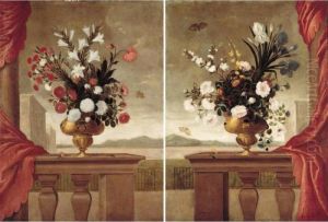 Still Lifes Of Lilies, Roses,
Irises, Morning Glory And Carnations, Arranged In Gilt Vases, Upon A
Stone Balustrade Draped With A Red Curtain, Surrounded By Butterflies,
With A View Overlooking The Grounds Of A Palace by Pedro de Camprobin