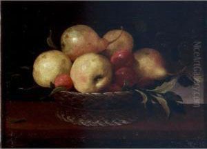 Still Life Of Pears, Plums, And Apples In A Basket Resting On A Ledge by Pedro de Camprobin