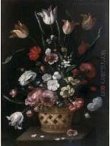 Grand Bouquet De Fleurs Dans Un Vase En Osier Tresse by Pedro de Camprobin