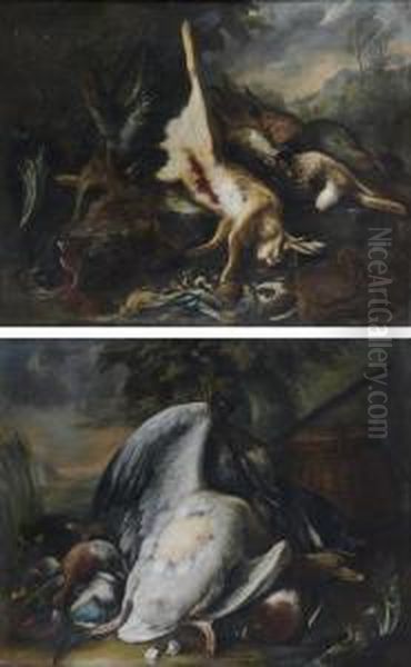 Trophee De Chasse Aux Lievres, 
Sanglier, Faisans, Perdreau, Geai,serpent Et Gibeciere Dans Un Paysage - view 1