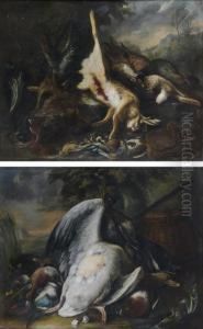 Trophee De Chasse Aux Lievres,
Sanglier, Faisans, Perdreau, Geai,serpent Et Gibeciere Dans Un Paysage by Baldassare De Caro