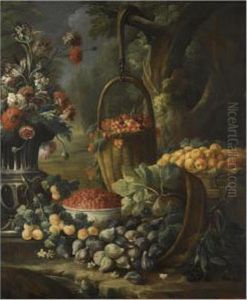 An Upturned Basket Of Figs, 
Together With Apricots, Other Fruit Andflowers In A Landscape Setting by Baldassare De Caro