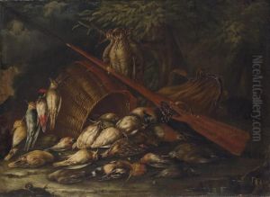 Still Life With Dowitcher,
Hoopoe, Woodpecker, Yellowhammer Andother Game Birds, A Hunting Bag And A
Gun, On A Forest Floor by Baldassare De Caro