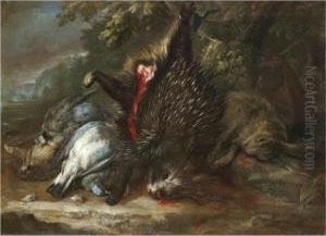 A Still Life With Dead Game And A Porcupine Hanging From A Branch by Baldassare De Caro