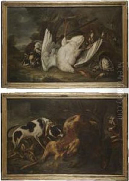 A Landscape With Hounds Together
 With A Still Life With A Goose, Mallard Drake And Songbirds - view 1