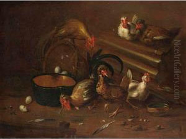 A Cockerel And Chickens In A Shed With An Earthenware Bowl And Baskets With Eggs - view 1