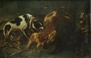 A Hunt Still Life Of A Dead
Goose, Duck, Partridge And Song Birds With A Dog, Basket And A Rifle;
And Hounds Attacking A Dead Deer In A Wooded Clearing by Baldassare De Caro