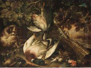 A Spaniel Guarding Over A Duck, A
 Partridge And Smallbirds, Together With A Musket Resting Against A Tree