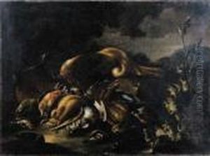 Natura Morta Di Cacciagione Con
Una Lepre, Alcuni Uccelli, Una Fiasca Di Polvere, Su Sfondo Di Paesaggio
E, In Primo Piano, A Destra, Una Polla D'acqua E Una Pianta Di Cardo by Baldassare De Caro