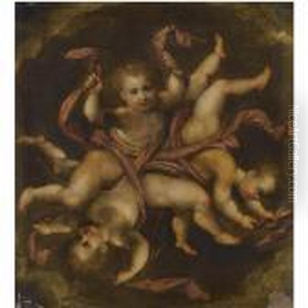 A Circle Of Putti Entwined With Red Drapery - view 1