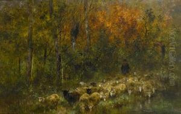 Shepherd And Flock In Woodland - view 1