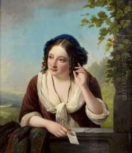 Jeune Femme Tenant Une Lettre Devant Une Balustrade