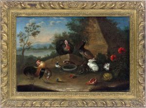 Cockerels, A Turkey, Peacock And Rabbits In A Landscape