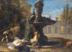 Rabbits With Cockerels And A 
Parrot In A Parklandscape; And A Dog Startling Cockerels Before A 
Fountain With Apeacock