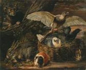 Coniglio E Porcellino D""""india Accanto Ad Un Cesto Con Uccelli Ed Un Falco