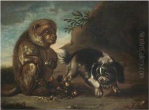 A Monkey Eating Hazelnuts With A Dog Prancing by David de Coninck