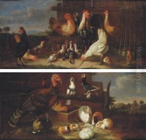 Cockerels, Hens And Quails In A
Farmyard; And Rabbits, Guinea Pigs, A Hen, A Cockerel, A Turkey And A
Pair Of Doves In A Farmyard by David de Coninck