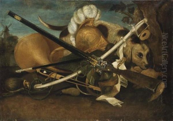 Armes, Cor Et Chien Dans Un Paysage - view 1