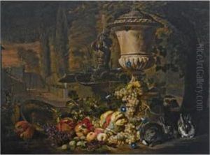 A Still Life Of Fruit, Including
A Melon, Open Pomegranates And Grapes, An Ornamental Urn And Two
Rabbits Near A Fountain In A Formal Garden by David de Coninck