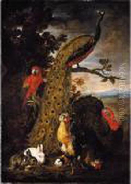 A Landscape With A Peacock, Parrot, Chicken, Turkey, Two Rabbits And A Guinea-pig - view 1