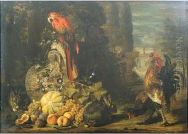 Still Life Of A Melon, Peaches, 
Grapes And Plums, Together With Rabbits, A Parrot, Cockerel And Hen, 
Gathered Around An Over-turned Corinthian Column Capital, A Parkland 
Setting Beyond - view 1
