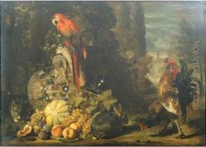 Still Life Of A Melon, Peaches,
Grapes And Plums, Together With Rabbits, A Parrot, Cockerel And Hen,
Gathered Around An Over-turned Corinthian Column Capital, A Parkland
Setting Beyond by David de Coninck