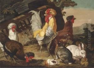 Chickens, Rabbits And A Guinea-pig By Classical Ruins by David de Coninck
