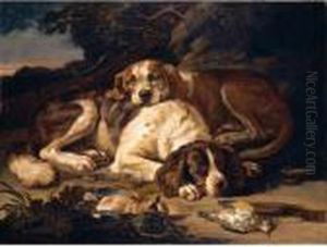 Still Life With Two Spaniels,
Together With Nightingales, A Jay, And A Musket, In A Landscape by David de Coninck