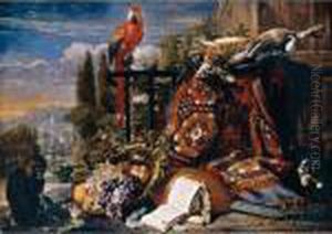 Still Life Of Fruit In A Gilt 
Dish, A Lute, Music Books, A Hare And Game-birds On A Dish Resting Upon A
 Carpet, Together With A Scarlet Macaw, A Monkey And A Spaniel On A 
Terrace, An Ornamental Garden Beyond