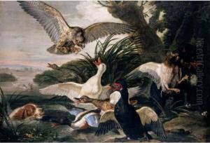 Waterfowl Assailed By Dogs And A Buzzard, In A River Landscape Setting by David de Coninck