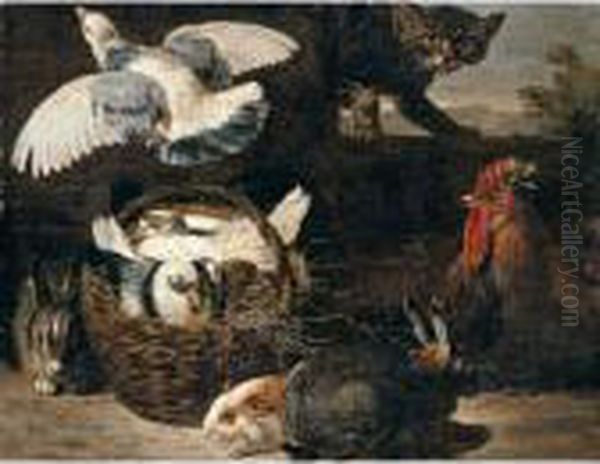A Still Life Of Pigeons,
Rabbits, A Cat, A Chicken And A Guinea Pig In A Farmyard Setting - view 1