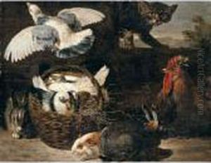 A Still Life Of Pigeons,
Rabbits, A Cat, A Chicken And A Guinea Pig In A Farmyard Setting by David de Coninck