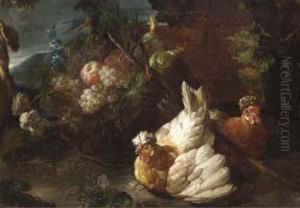 Two Hens By A Basket Of Fruit In
 A Landscape; And Two Turkeys By Avase Of Flowers In A Landscape