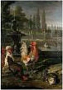 The Grounds Of A Villa With 
Bantams, A Rabbit, Guinea Pig And Duck, Beside A Classical Fountain