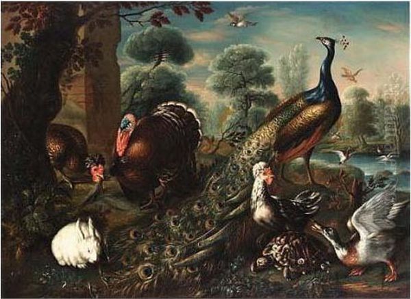 A Peacock, A Turkey, Hens, A
Duck, A Turtle, A Rabbit And Birds, With Ducks In A Pool In The
Background, All In A Park Landscape - view 1