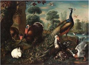 A Peacock, A Turkey, Hens, A 
Duck, A Turtle, A Rabbit And Birds, With Ducks In A Pool In The 
Background, All In A Park Landscape