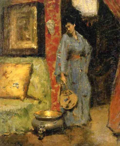 Woman in Kimono Holding a Japanese Fan - view 1